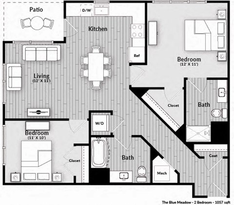 Floor plan for 2 beds, 2 baths, 1057 sqft